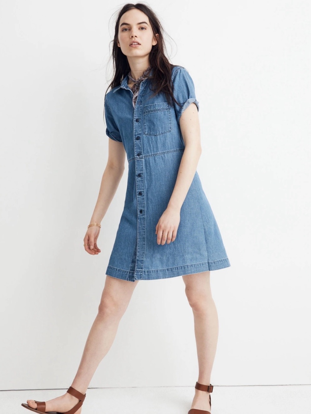 Madewell Chambray Button-Front Short Sleeve Dress — Light Blue